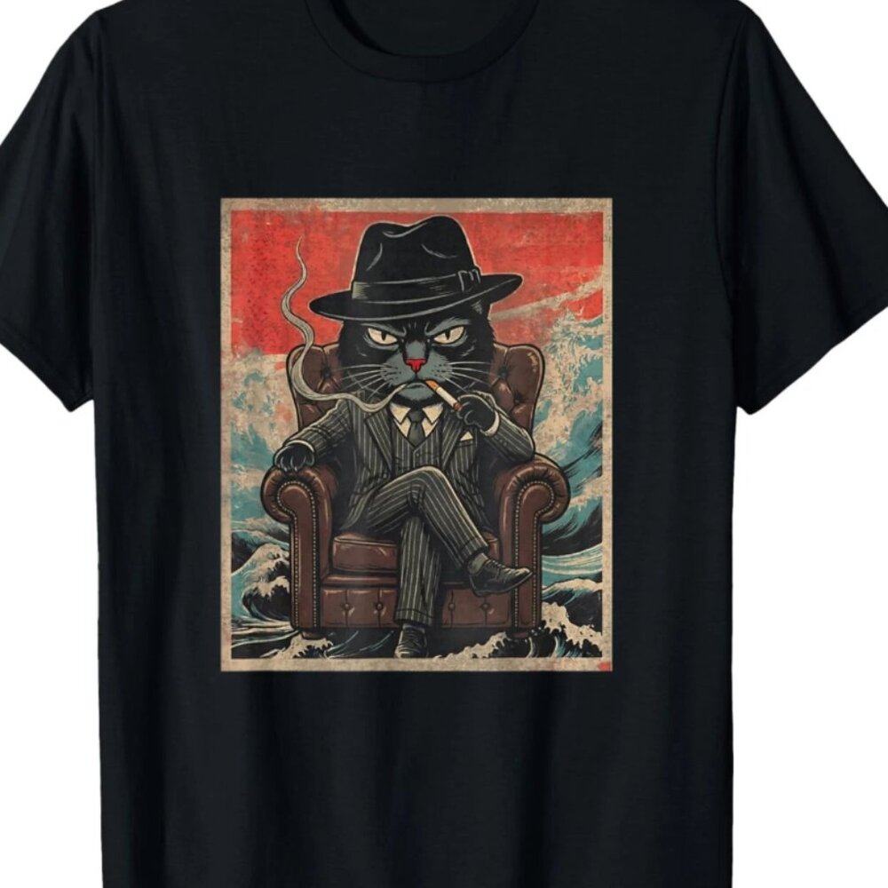 Cool Mafia Cat Funny The Cat Father Smoking Vintage T-Shirt
